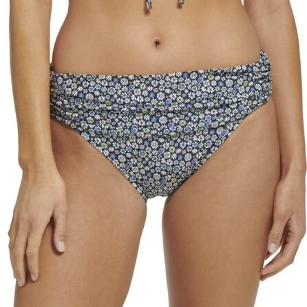 Tommy Hilfiger Floral Print Ruched Waist Bikini Bottom Blue L